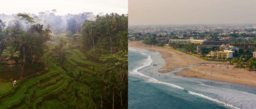 Ubud rice terraces vs Seminyak beach Bali comparison